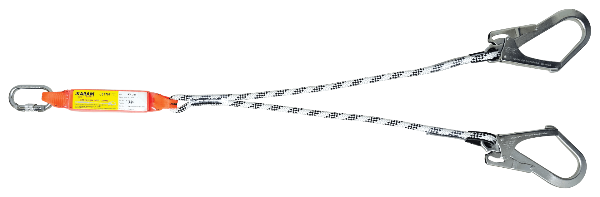 Karam Çift Kol Şok Emicili Lanyard Statik Halatlı Karabinalı Büyük Kancalı KA341
